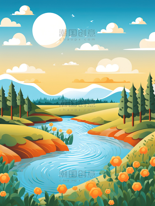 创意阳光明媚的河流剪纸风格16插画素材卡通风景