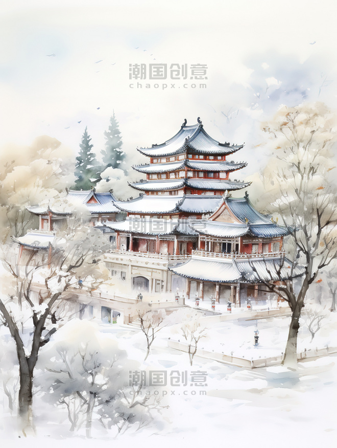 创意冬季中国建筑淡水彩画12古建筑冬天雪景