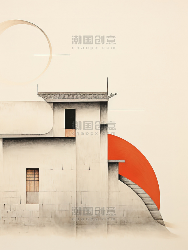 创意线条艺术传统建筑屋顶几何分割中国风建筑设计