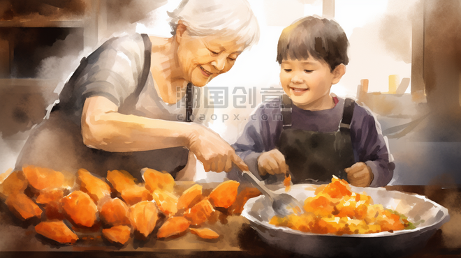 创意小朋友和奶奶一起蒸红薯插画12烤地瓜冬天餐饮