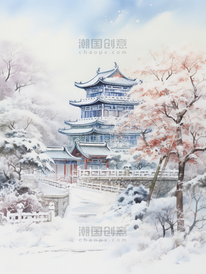 创意冬季中国建筑淡水彩画9素材古建筑冬天雪景