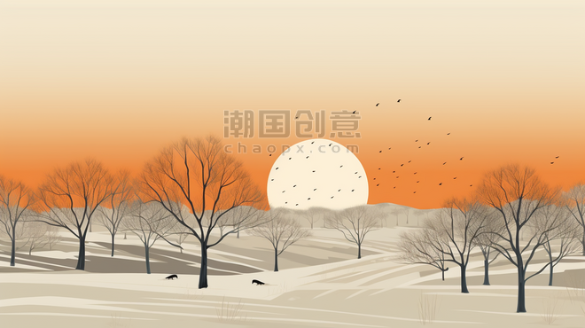 创意冬季天野雪地枯树插画8简约抽象扁平夕阳