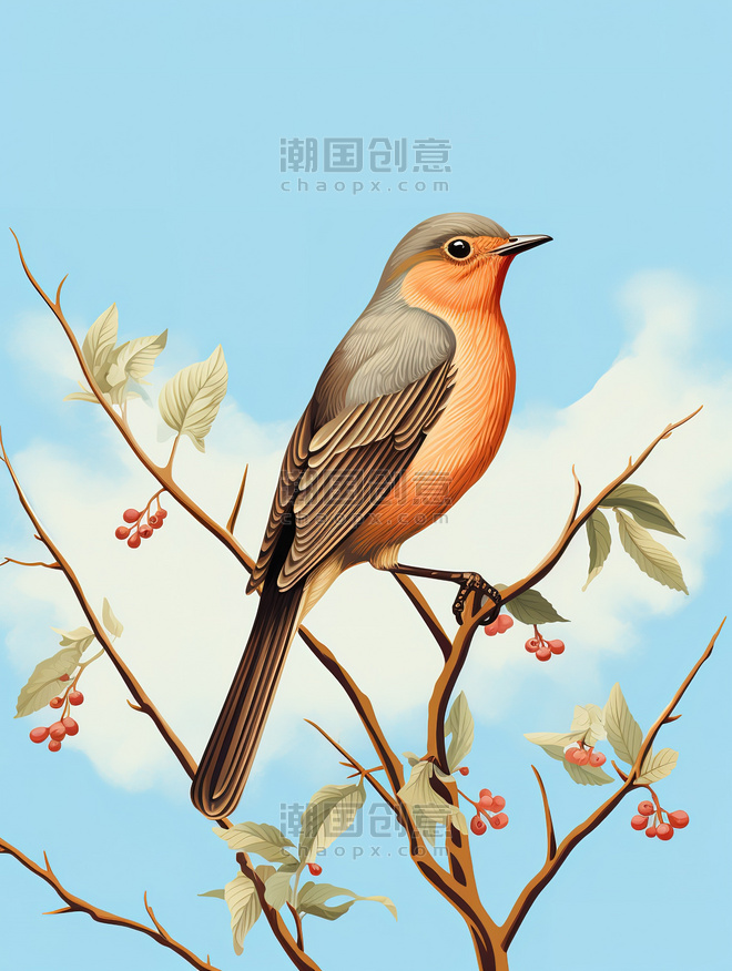 创意树枝上的小鸟插画12写实风花鸟动物春天