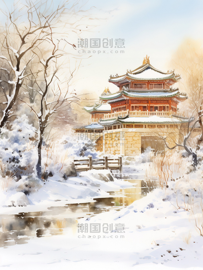 创意冬季中国建筑淡水彩画17古建筑冬天雪景