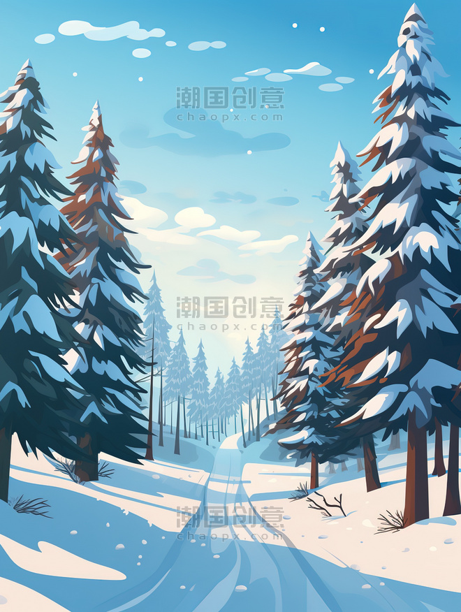 创意冬天松树厚厚的积雪14矢量插画冬天冬季卡通雪景雪地森林