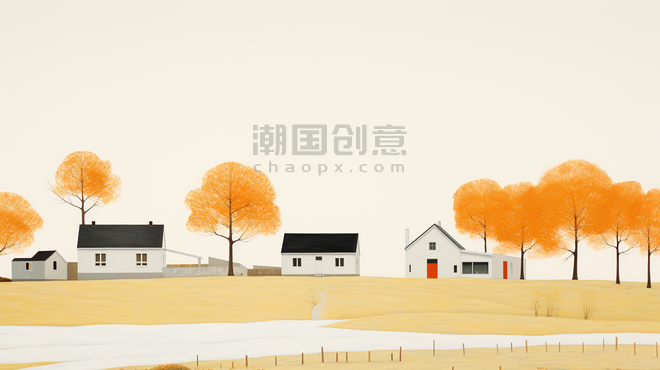 创意黄色乡村建筑风景唯美插画10简约唯美抽象小村庄