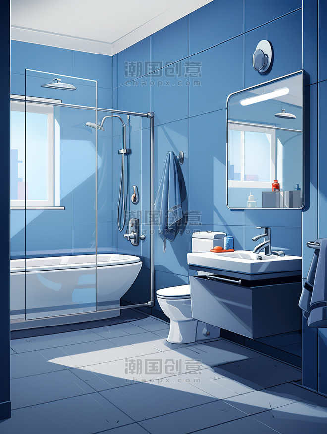 创意极简浴室牛仔蓝色卫浴卡通扁平场景