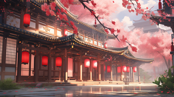 创意红色中国风门窗风景造型插画7国潮中国风游戏场景