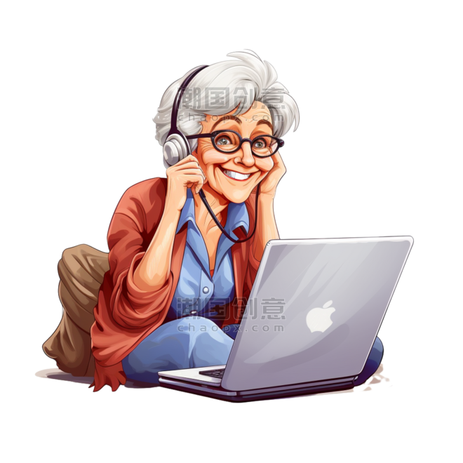 创意奶奶坐在笔记本电脑上聊天
