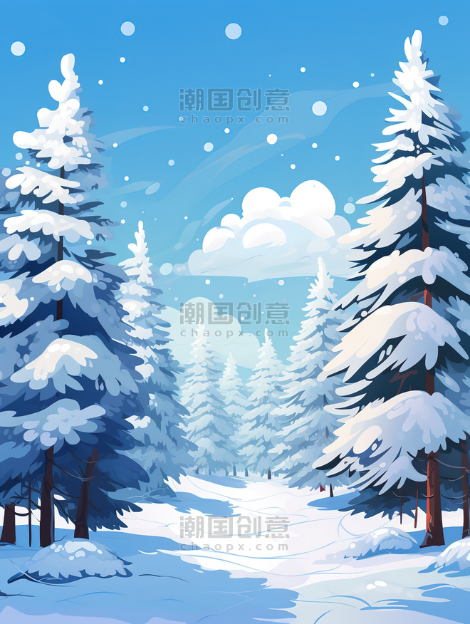 创意冬天松树厚厚的积雪森林插画素材冬天冬季卡通雪景雪地