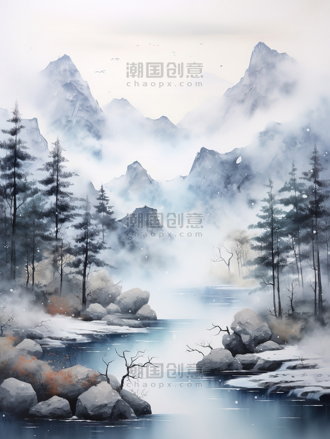 创意云雾弥漫的群山山水画中国风水墨意境国画