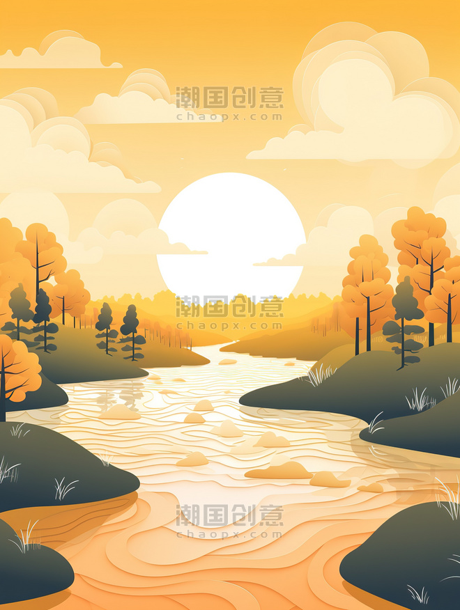 创意阳光明媚的河流剪纸风格7插画设计卡通风景
