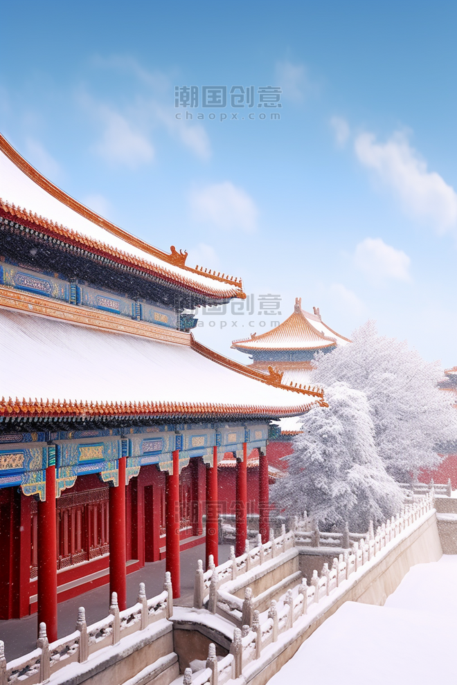创意摄影图冬天建筑雪景故宫插画素材冬天冬季