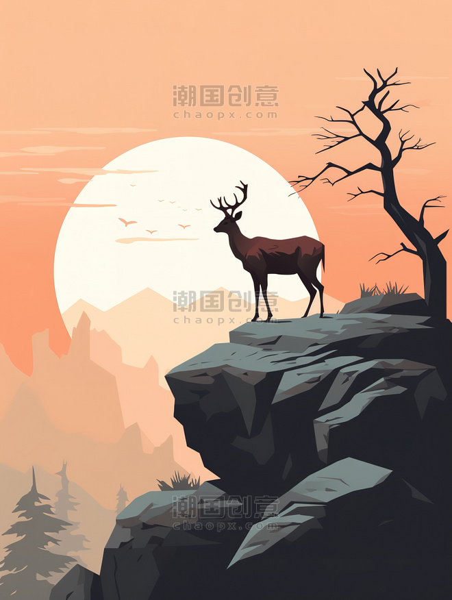 创意一只鹿的剪影插画8美式漫画风扁平动物
