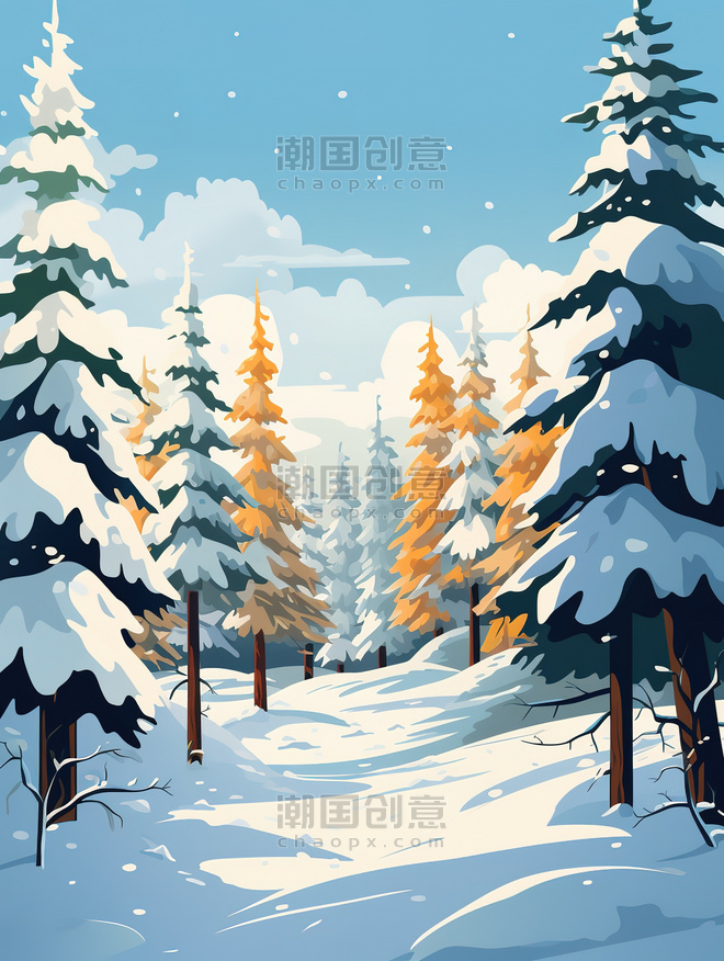 创意冬天松树厚厚的积雪15矢量插画冬天冬季卡通雪景雪地森林