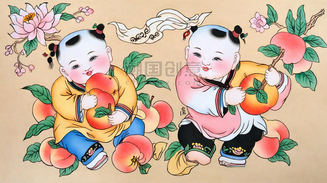 创意传统新年民俗年画仙桃年画娃娃插画设计春节福娃