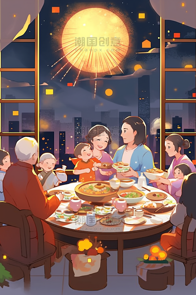 创意插画新年家人团聚烟花手绘一家人除夕夜年夜饭