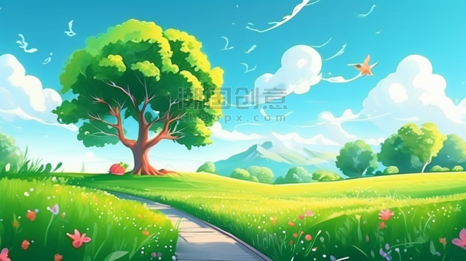 创意绿色春天风景草地野花山川树户外春天卡通