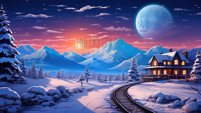 创意梦幻冬天的场景火车铁轨雪景雪地