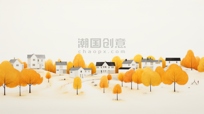 创意黄色乡村建筑风景唯美插画11简约唯美抽象小村庄