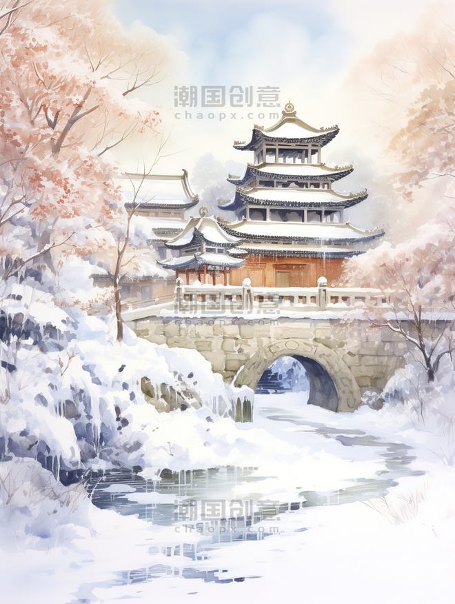 创意冬季中国建筑淡水彩画2原创插画古建筑冬天雪景