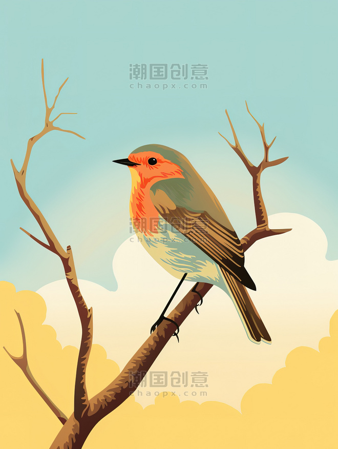 创意树枝上的小鸟插画3写实风花鸟动物春天