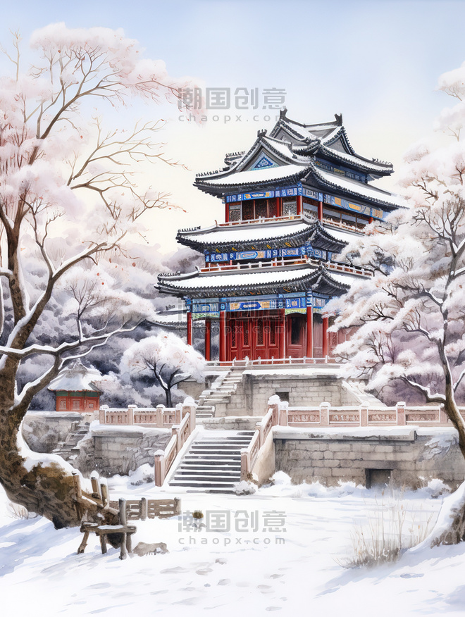 创意冬季中国建筑淡水彩画8插画冬天雪景故宫