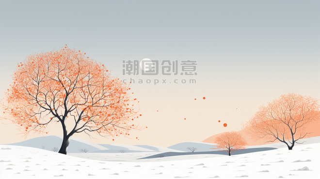 创意冬季天野雪地枯树插画6简约抽象扁平冬天
