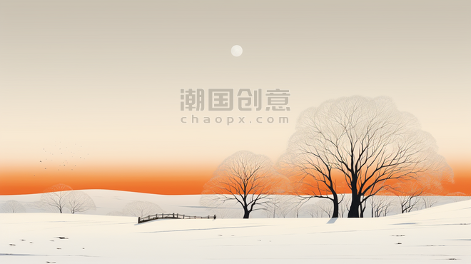创意冬季天野雪地枯树插画4简约抽象扁平夕阳