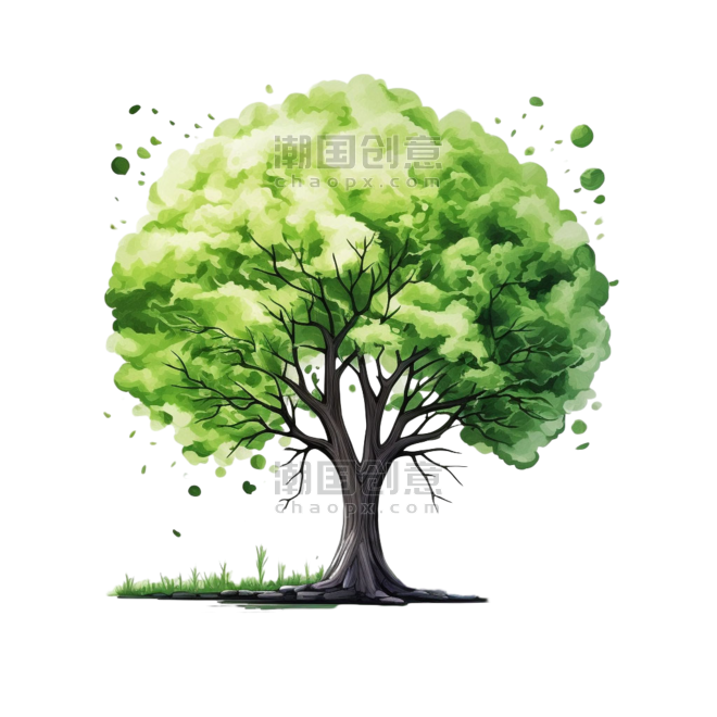 创意几何绿色大树元素立体免抠图案水彩树木