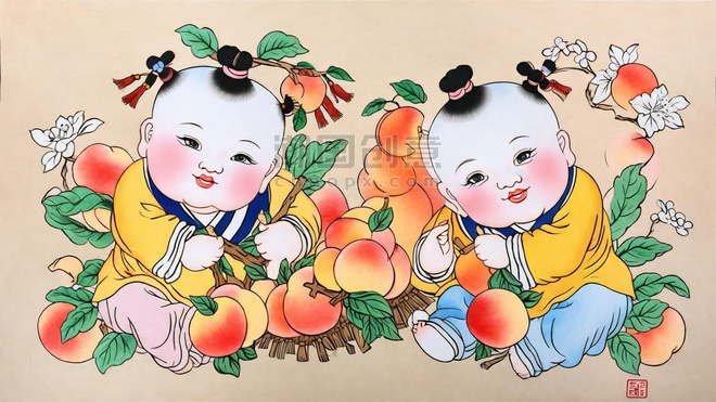 创意传统新年民俗年画仙桃年画娃娃插画图片春节福娃