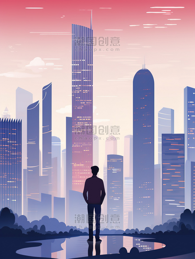 紫色创意商人站在现代大城市中扁平剪影插画老板商务人士
