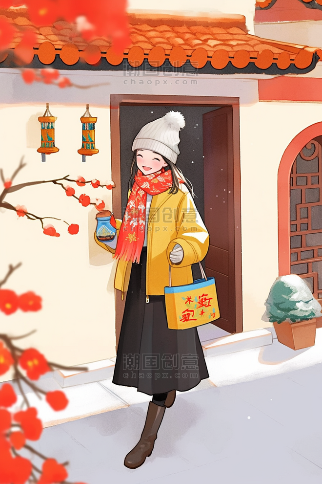 创意可爱女孩庭院梅花手绘新年插画春节拜年