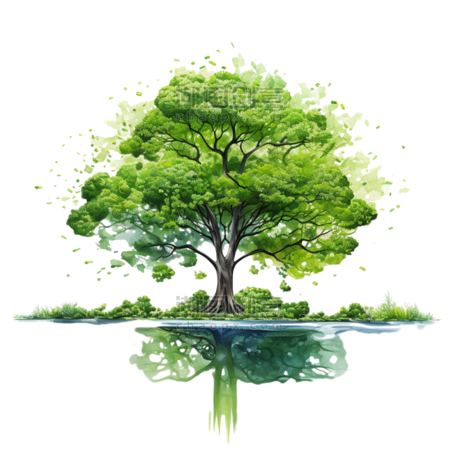创意ai绘画绿色大树元素立体免抠图案水彩树木