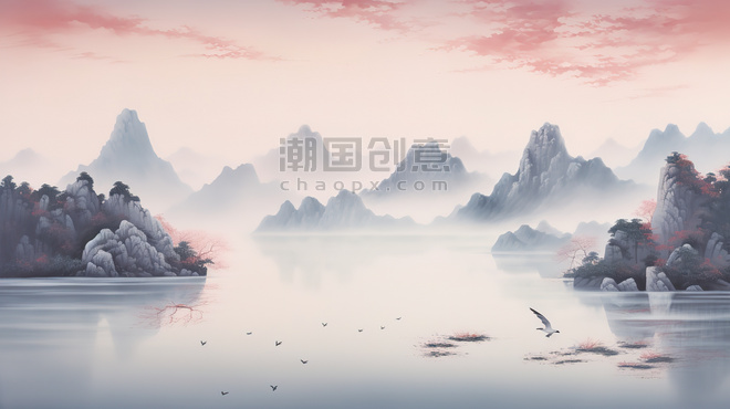 创意柔和的色彩东方山水画中国风水墨意境国画
