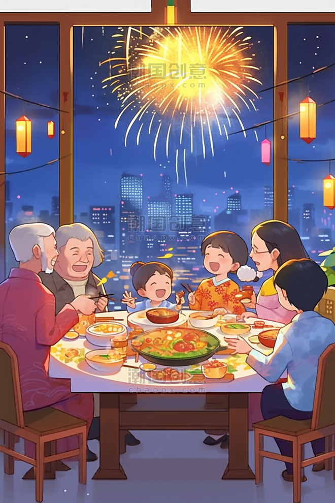 创意家人团聚新年烟花手绘插画一家人除夕夜年夜饭