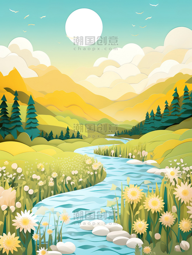 创意阳光明媚的河流剪纸风格18矢量插画卡通风景