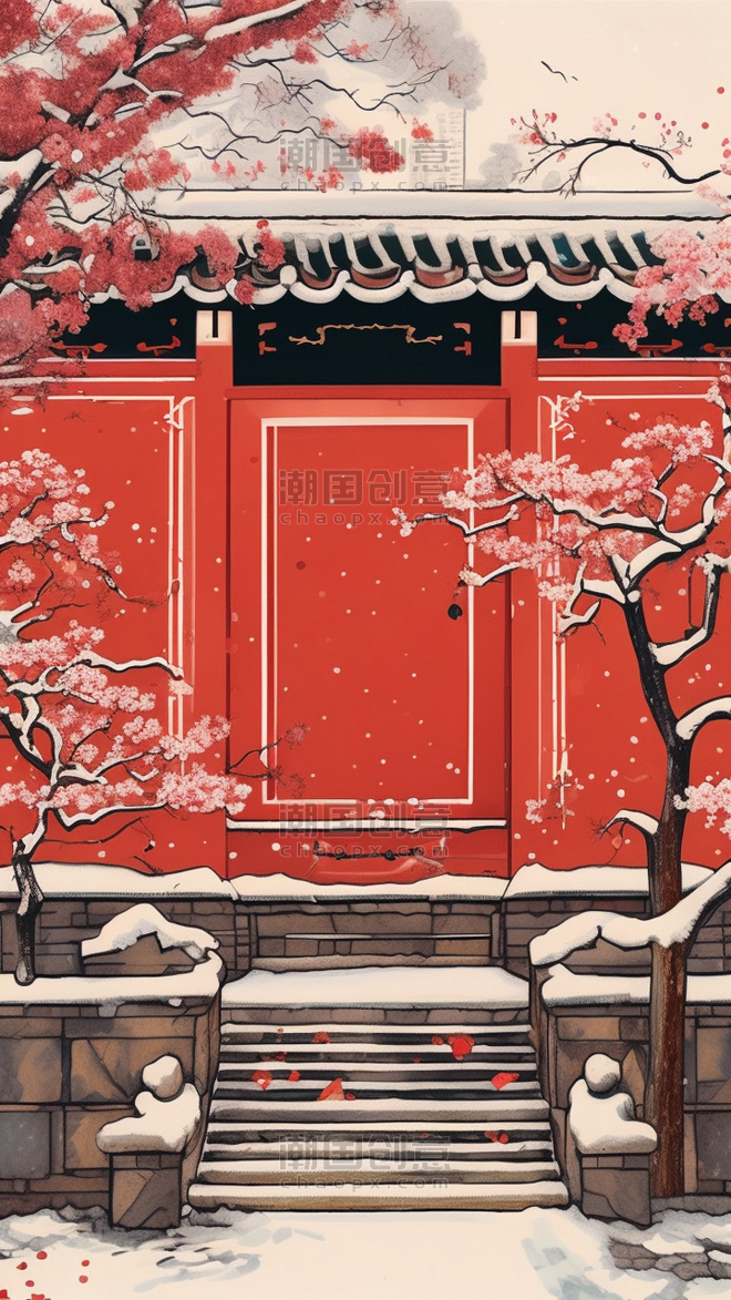 创意自然中国寺庙风景冬天插画唯美简约宫墙