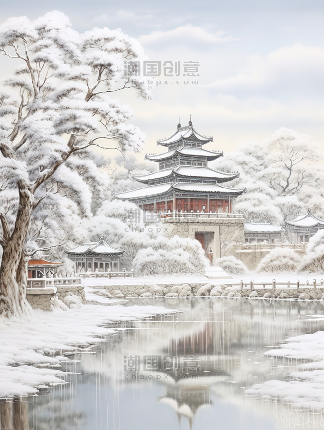 创意冬季中国建筑淡水彩画13古建筑冬天雪景