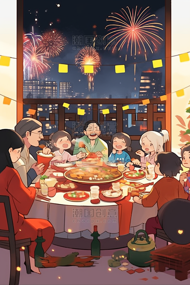 创意手绘新年家人团聚烟花插画一家人除夕夜年夜饭