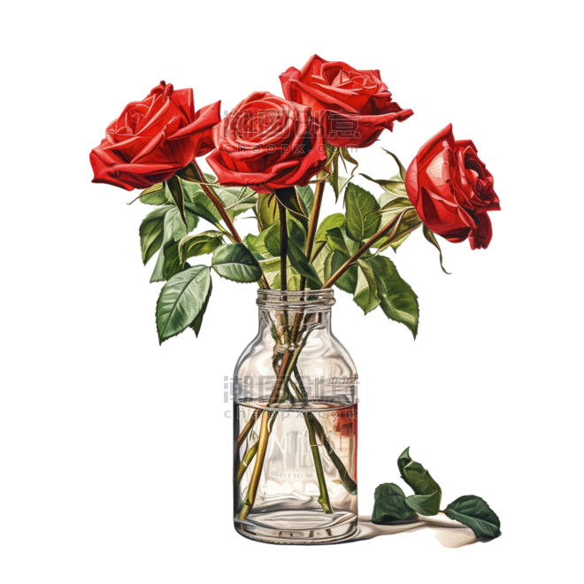 创意矢量红色玫瑰元素立体免抠图案情人节花卉植物