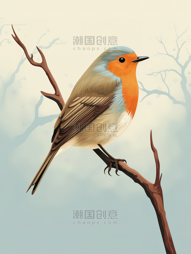 创意树枝上的小鸟插画17写实风花鸟动物春天