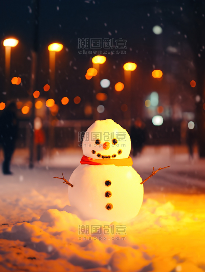 创意夜晚温暖一个雪人冬天冬季堆雪人