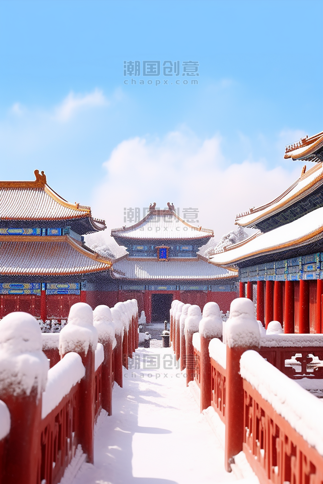创意冬天雪景建筑故宫摄影图插画冬天冬季