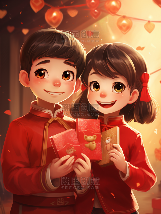 创意春节家人互送礼物喜悦插画9拜年收红包压岁钱