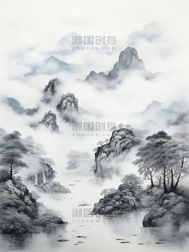 水墨画 山水画 凌雲 009 中国古い水墨画 山水画 2本 絹本 手描く画家
