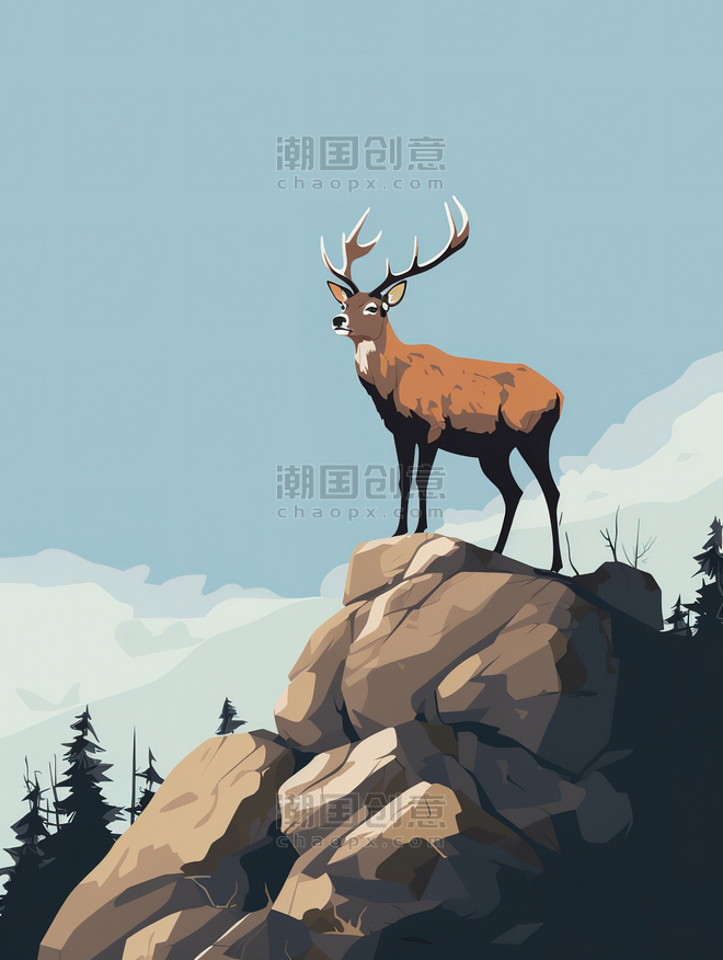 创意一只鹿的剪影插画17美式漫画风扁平动物