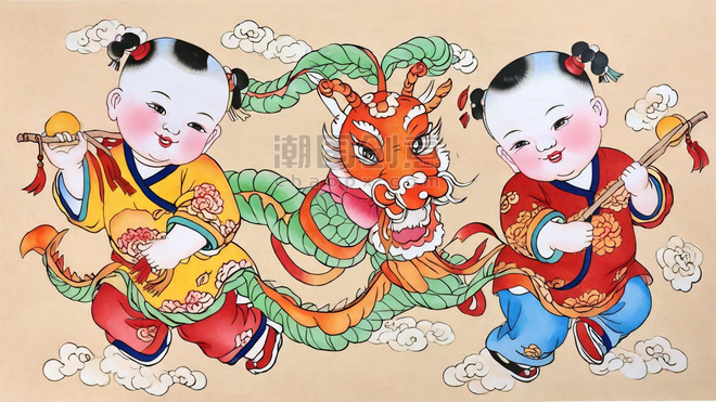 创意传统新年民俗年画杨枊青舞龙年画娃娃插画海报春节福娃