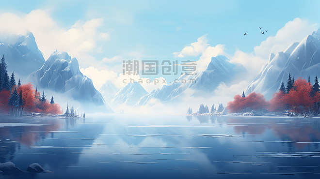 创意中国风山水风景插画意境山水简约雪景雪地