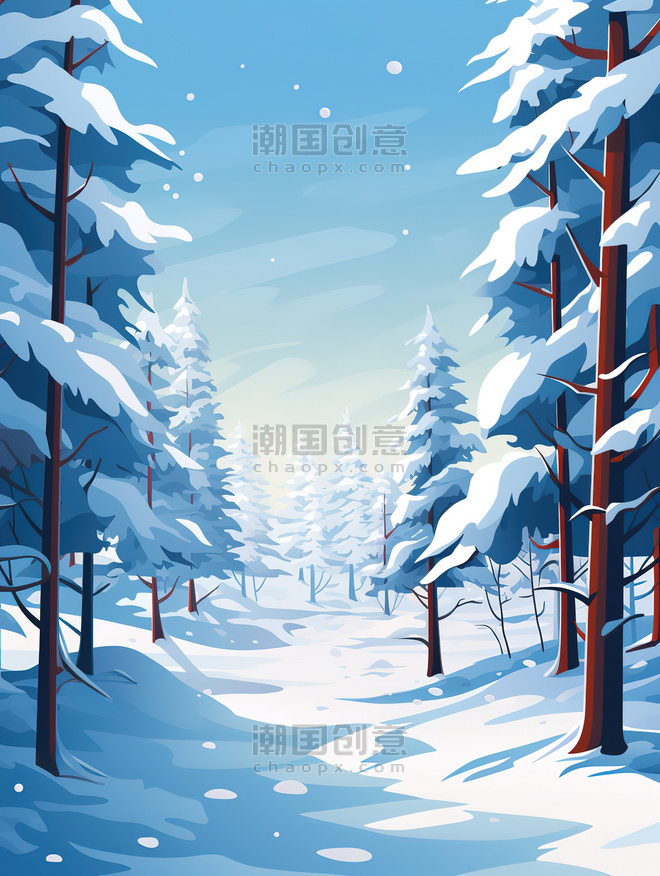 创意冬天松树厚厚的积雪森林冬天冬季卡通雪景雪地